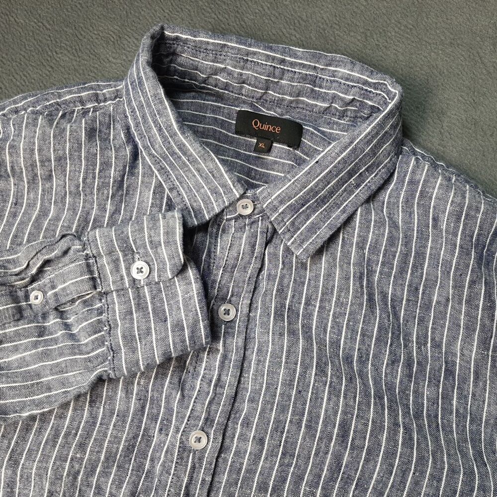 Quince Shirt Mens Extra Large Blue White 100% LINEN Vertical Stripes Dress Slub